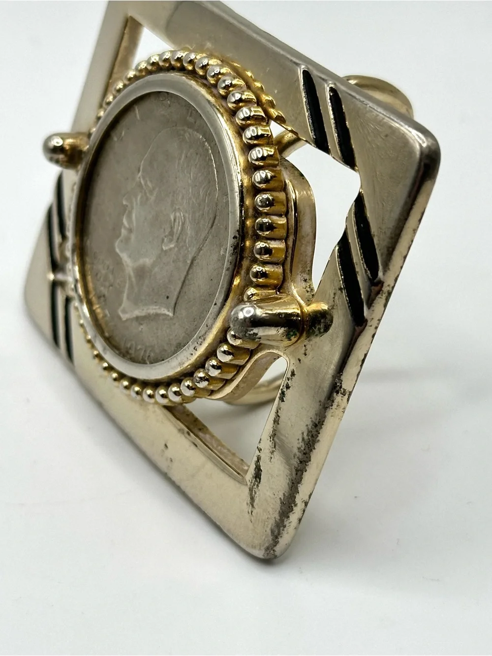 Vintage Eisenhower silver dollar belt buckle.